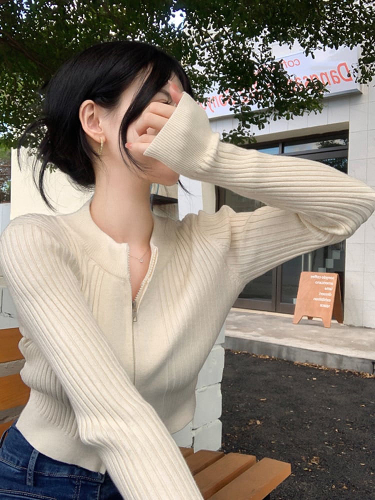 フロントジップ トップス ニット タイト 長袖 ショート スリム フロントジップ トップス ニット タイト 長袖 ショート スリム