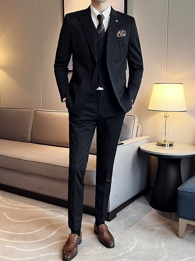 カーキストライプスーツ　スリーピース　ツーカラー A2492