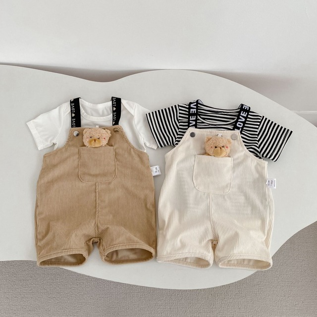 【BABY】リブ編みくま付きサロペットハーフパンツ - 5