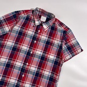 リネン混 MACKINTOSH PHILOSOPHY マッキントッシュフィロソフィー チェック柄 BD ボタンダウン 半袖 シャツ 38(M相当) /レッド・ネイビー系 メンズ 三陽商会