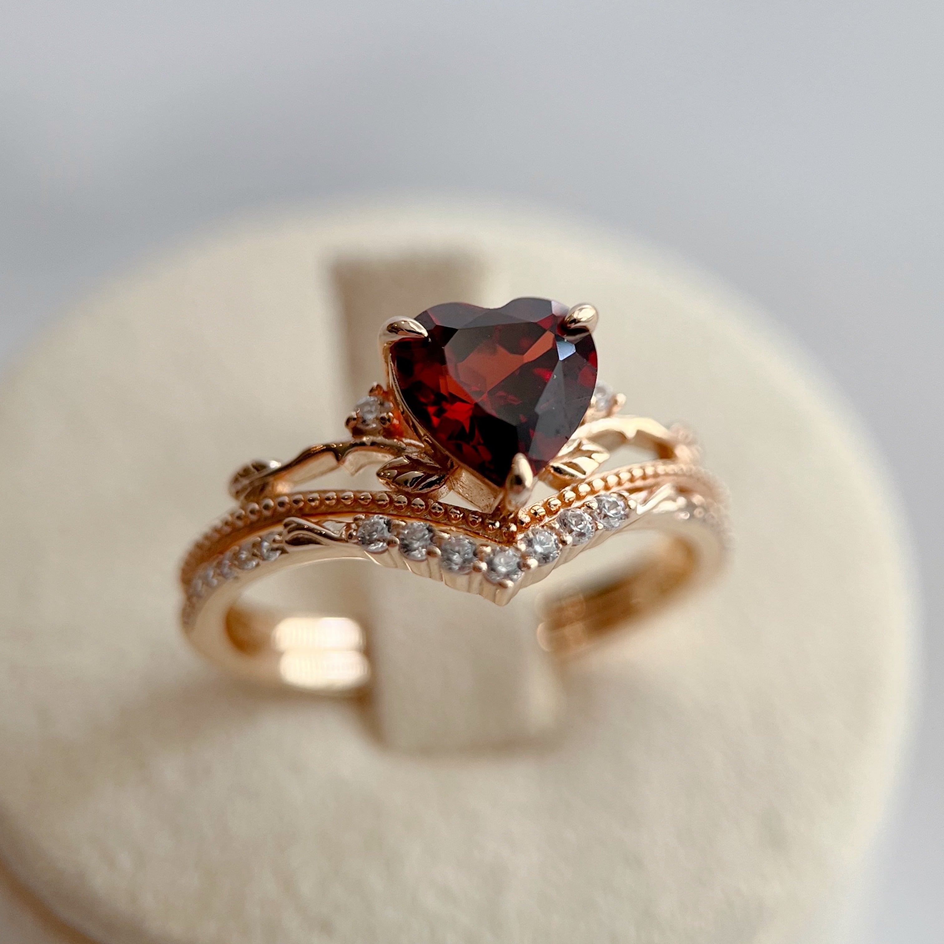 天然ガーネットハート　2本セットリング　silver925製