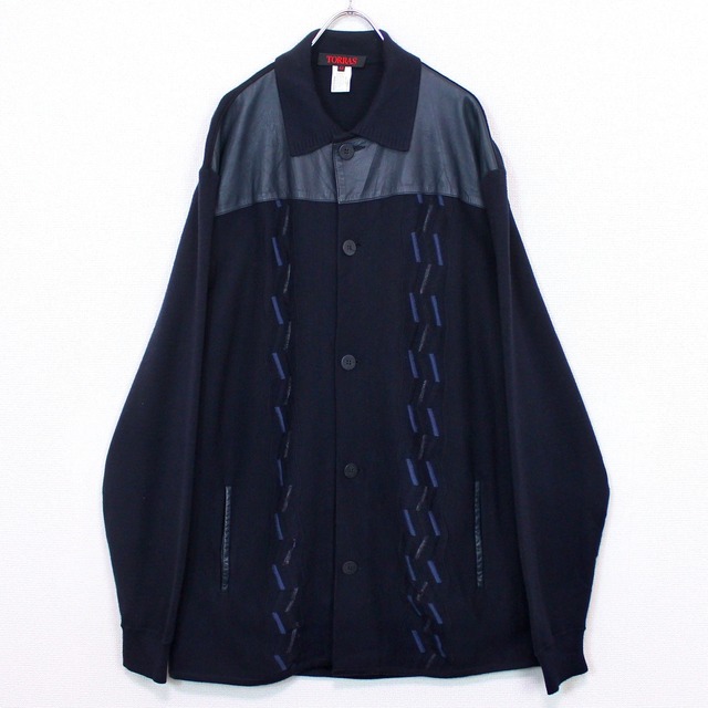 【Caka act2】"TORRAS" Leather Swiching Loose Knit Shirt Jacket