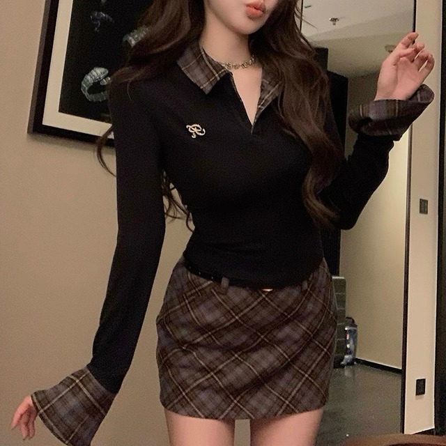 One point tops& plaid pattern skirt