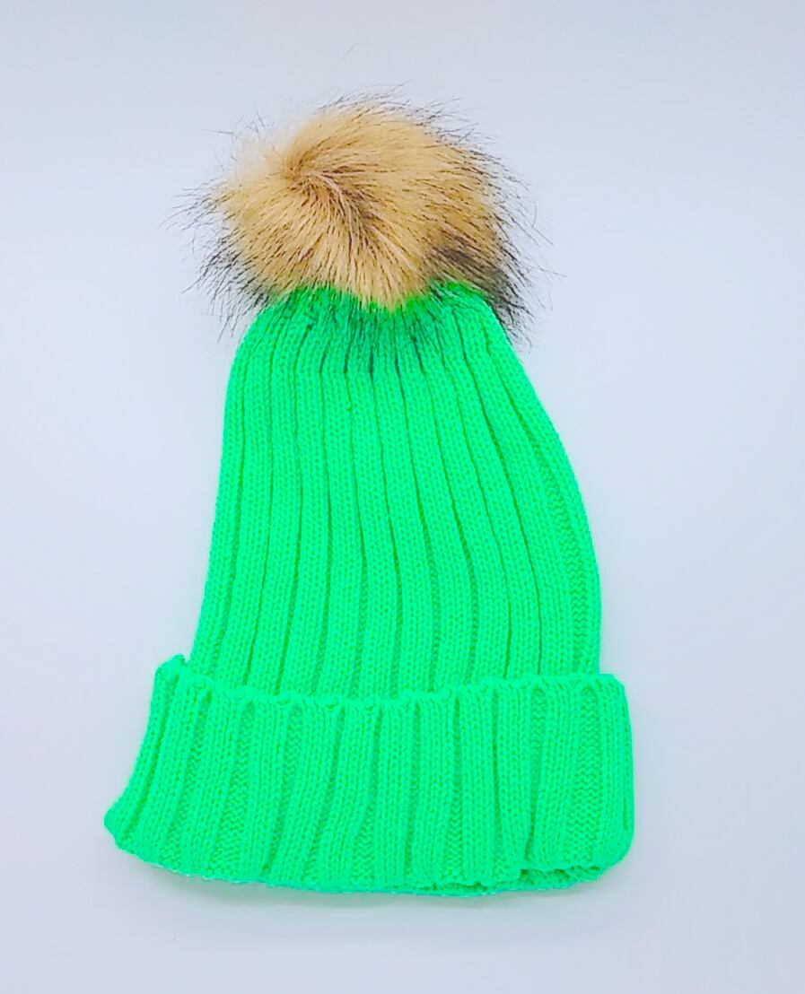 BIGぽんぽんファー付き ネオンカラーリブニット帽 ネオンイエロー