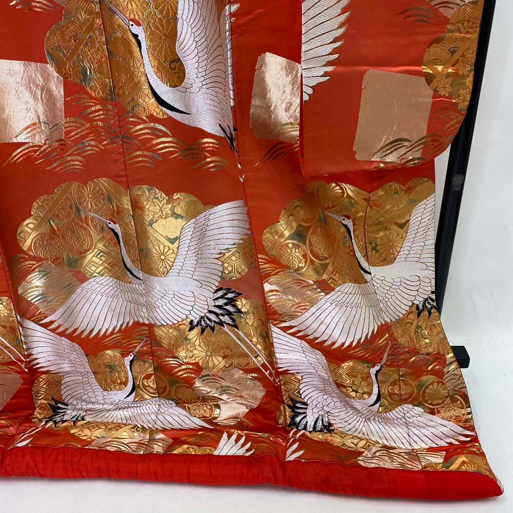 色打掛 正絹 鶴 刺繍 金 オレンジ 打掛 花嫁衣裳 婚礼 リサイクル 中古 