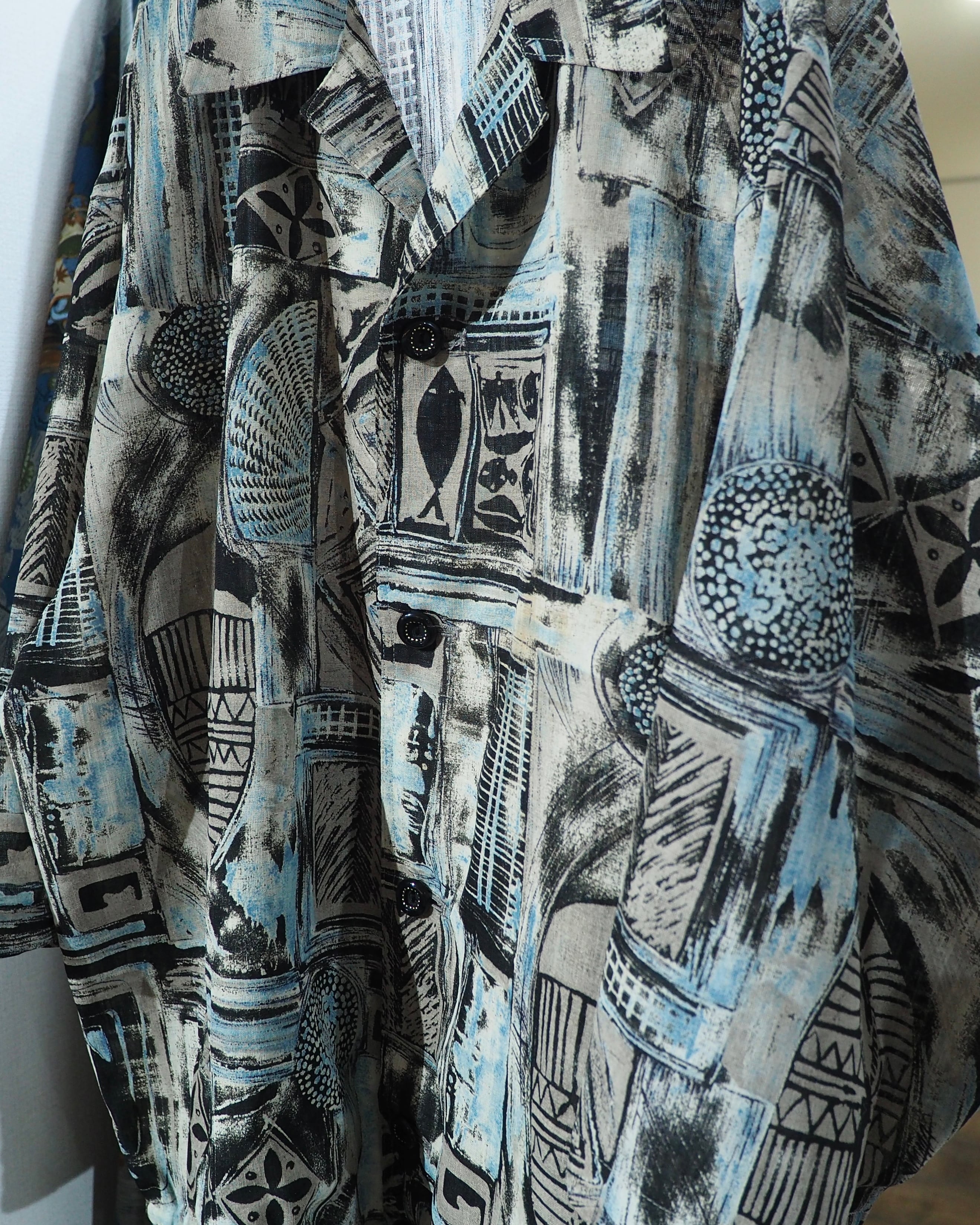 1980 - 90s Cold tone Ink painting vintage loose SS Open collar Shirt