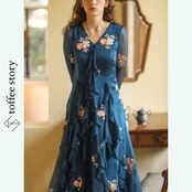 桜刺繍　ヴィンテージブルー　シアーフリル　スリムドレス Y0125