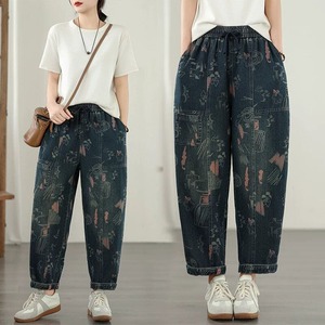PRINT DRAWSTRING WAIST WIDE DENIM PANTS 1color M-16154