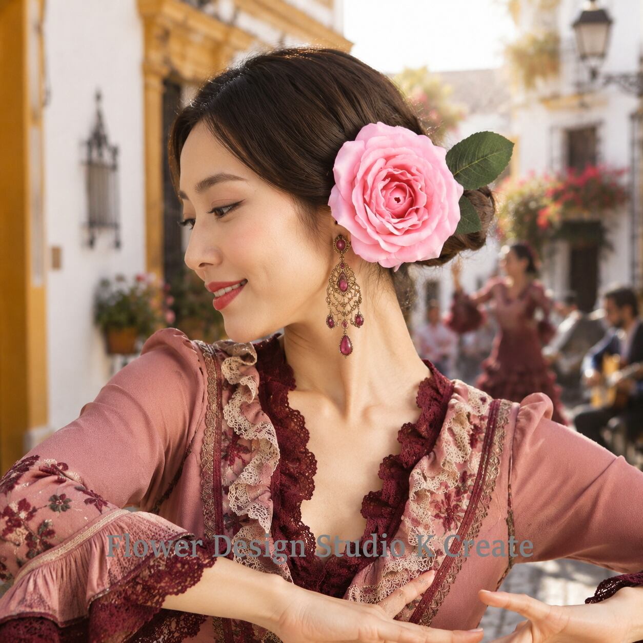 ピンクの薔薇と葉っぱの髪飾り 花径12cm フラメンコ 結婚式 成人式 卒業袴 ダンス 発表会