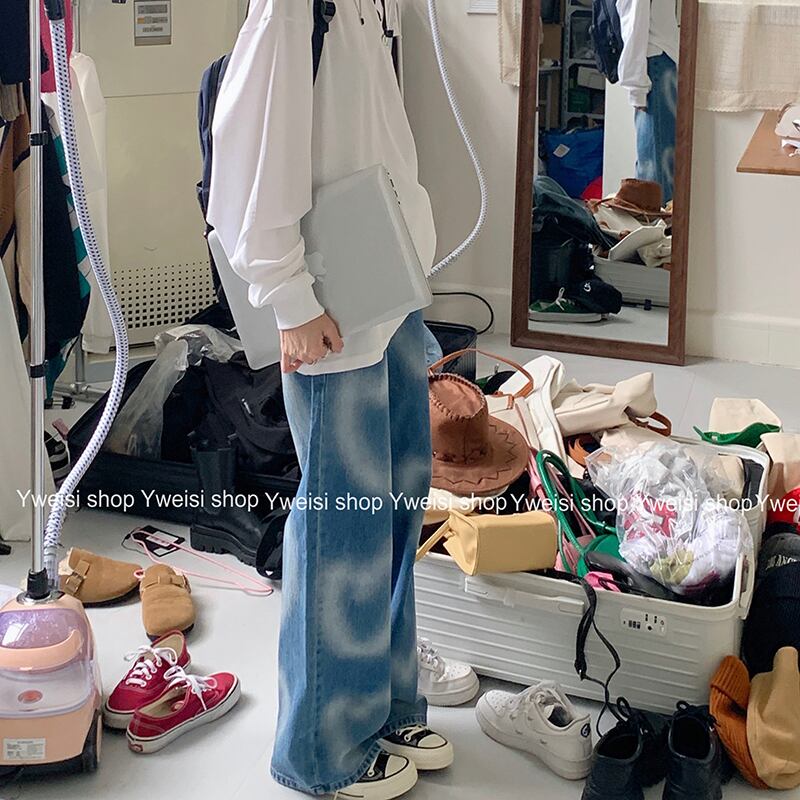 プリントジーンズ オータムルーズパンツ ワイドレッグ 秋物 ワイドパンツ モンロー64148402660