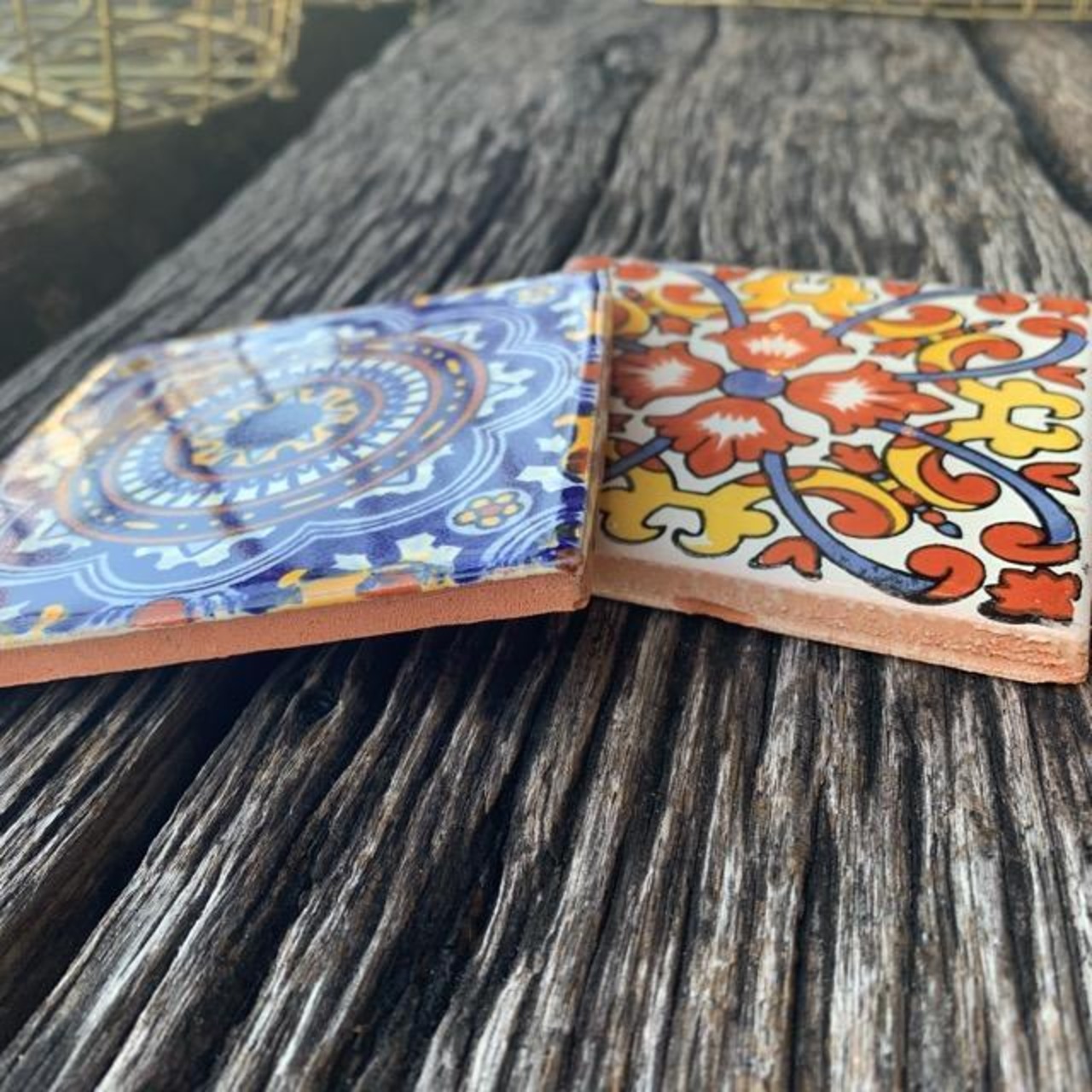 Mexico Talavera tile　メキシコタラベラタイル　C　太陽　サン　オレンジ　ネイビー　10cm　コースター　鍋敷き　DIY　モザイクタイル　柄タイル　室内壁　室外壁　デザインタイル　レトロ　アートタイル　ハンドメイド