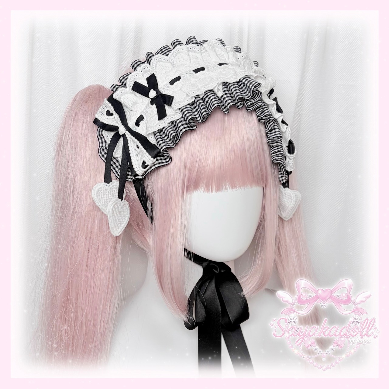 ♡ Candy ギンガムチェック柄 フリルレースリボンヘッドドレス cherry pink ♡