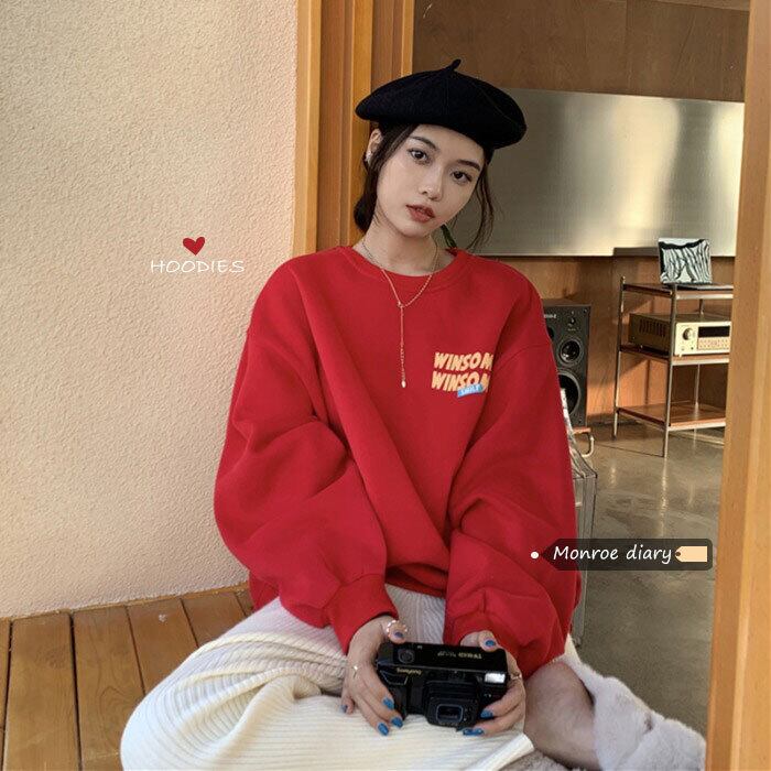 レッドラウンドネックプルオーバー スウェット スプリングルーズ長袖スリーブトップス ジャケット ロング 春物 Oネック モンロー39536728357