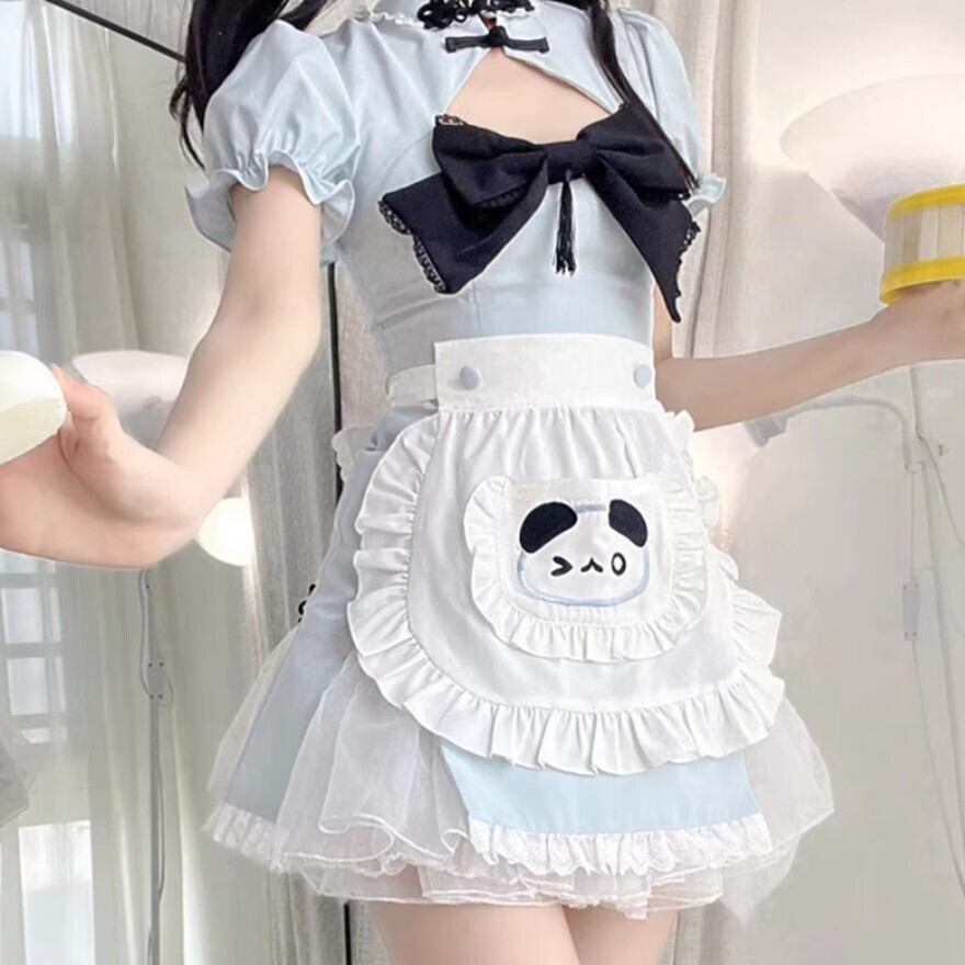 中華ロリータ メイドワンピース パンダ柄×エプロン セットアップ