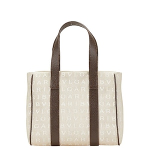 ブルガリ ロゴマニア ハンドバッグ ミニトートバッグ ベージュ ブラウン キャンバス レザー レディース BVLGARI 【中古】