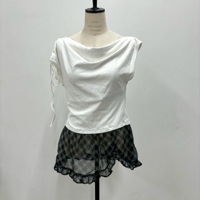 clear チュールTシャツ ホワイト 裾チェック柄 半袖 透け感 レイヤード カジュアル レディース