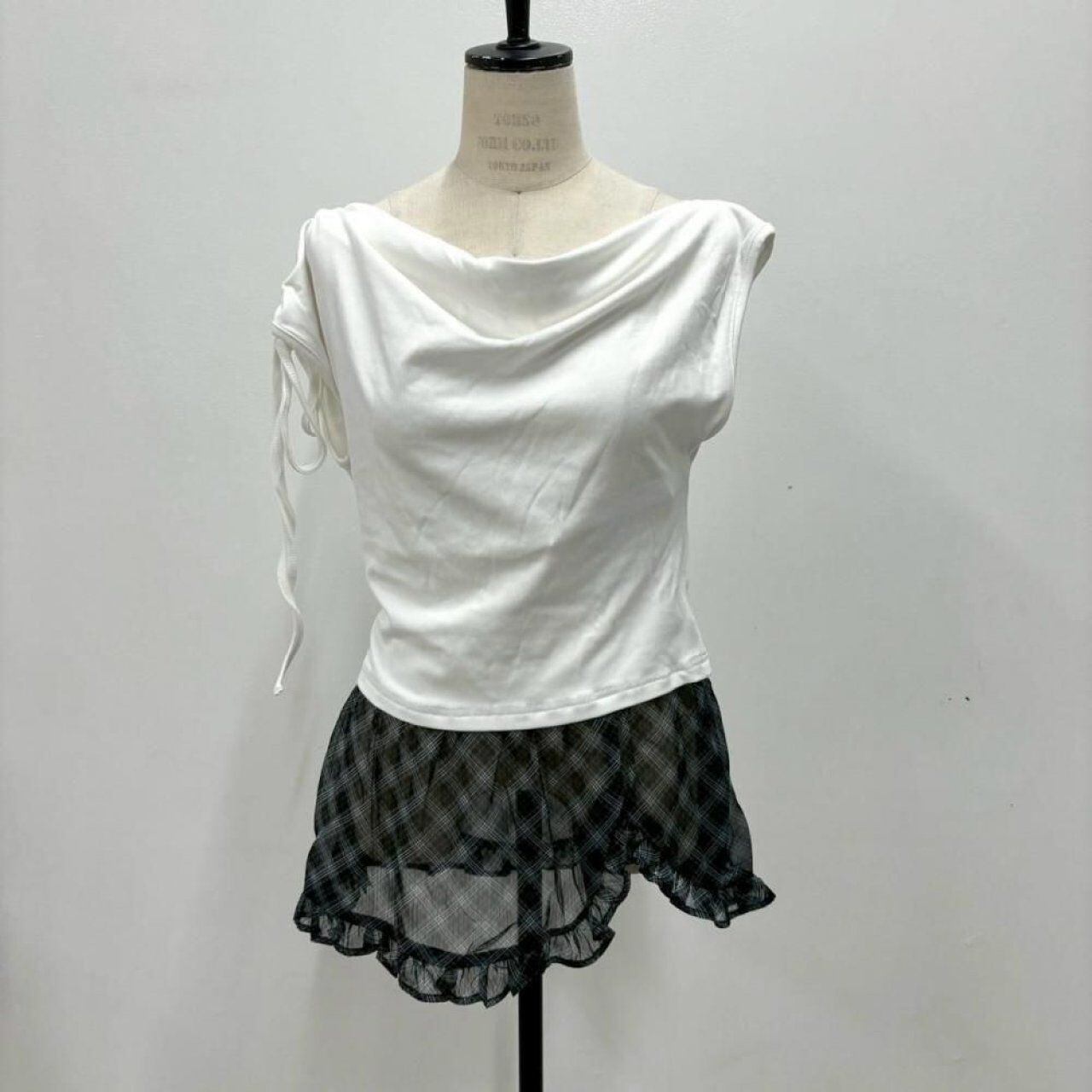clear チュールTシャツ ホワイト 裾チェック柄 半袖 透け感 レイヤード カジュアル レディース