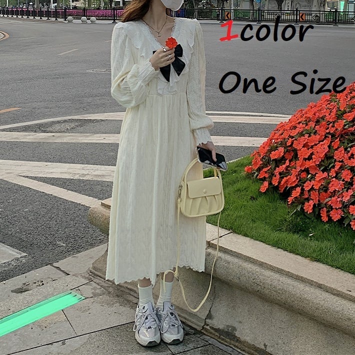 ロングワンピース レディース ワンピース ロング 長袖 リボン Vネック レース フェミニン ガーリー 清楚系 かわいい 可愛い 日常 デート お出かけ 普段使い 白 春 10代 20代 女子 大人 コーデ コーディネート 韓国 ファッション オルチャン お取り寄せ 送料無料 hll-0794