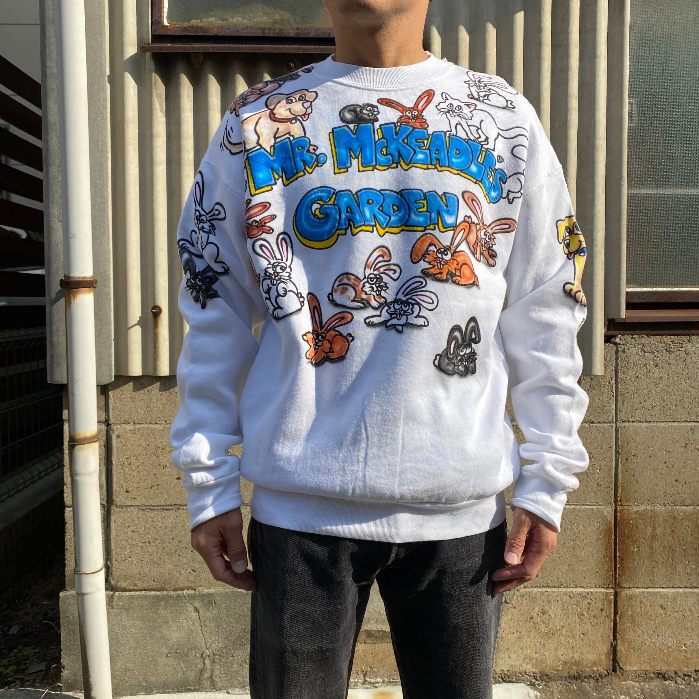 90年代 Usa製 エアブラシ ハンドペイント アニマル スウェット メンズl 古着 ホワイト 白 トレーナー 90s ヴィンテージ ビンテージ 手書き 総柄 スウェット Cave 古着屋 公式 古着通販サイト