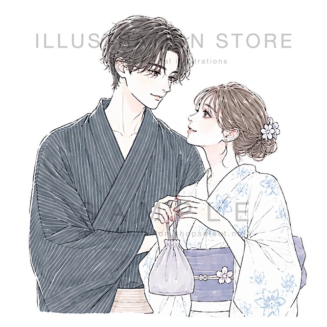 見つめ合う浴衣カップルのイラスト素材