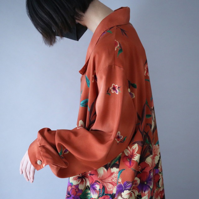 beautiful flower art pattern loose silhouette open collar shirt