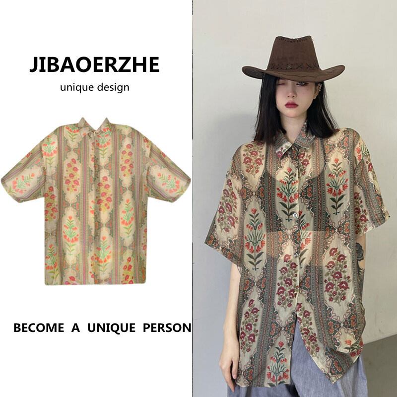 サマールーズシャツ スタンダードカジュアルシフォンプリント レトロ 夏物 ケッペル48756065273