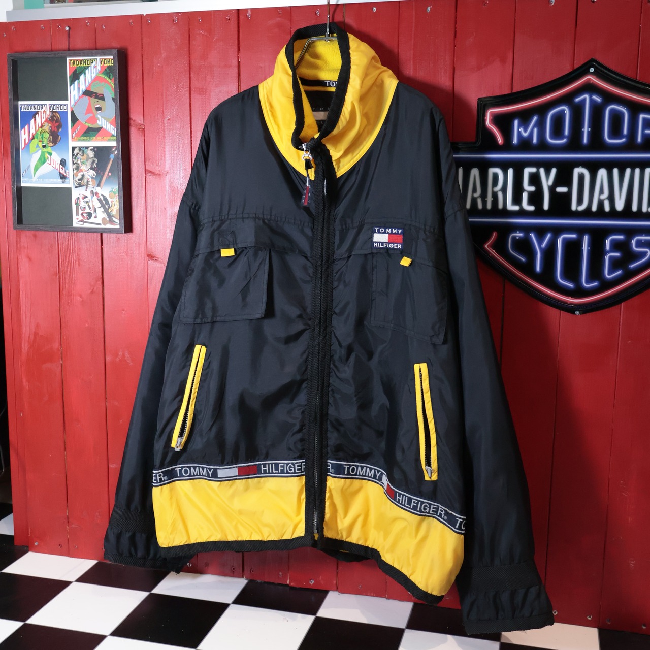90s TOMMY HILFIGER ナイロンジャケット ミドル丈 黒×黄 トミー L