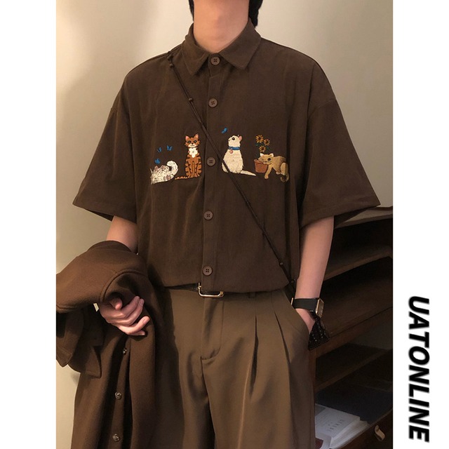 【UATONLINEシリーズ】★シャツ★ 3color トップス 半袖シャツ 刺繍 ユニセックス メンズ コーデュロイ ネコ 猫 ねこ