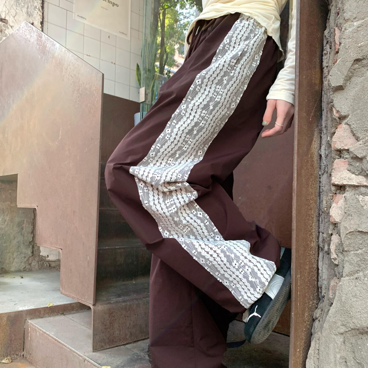 Side Lace Design Drawstring Wide Pants 2color A0055