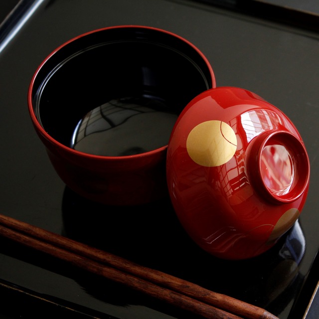 まゆ型吸い物椀　朱つぼつぼ（洗浄機対応）