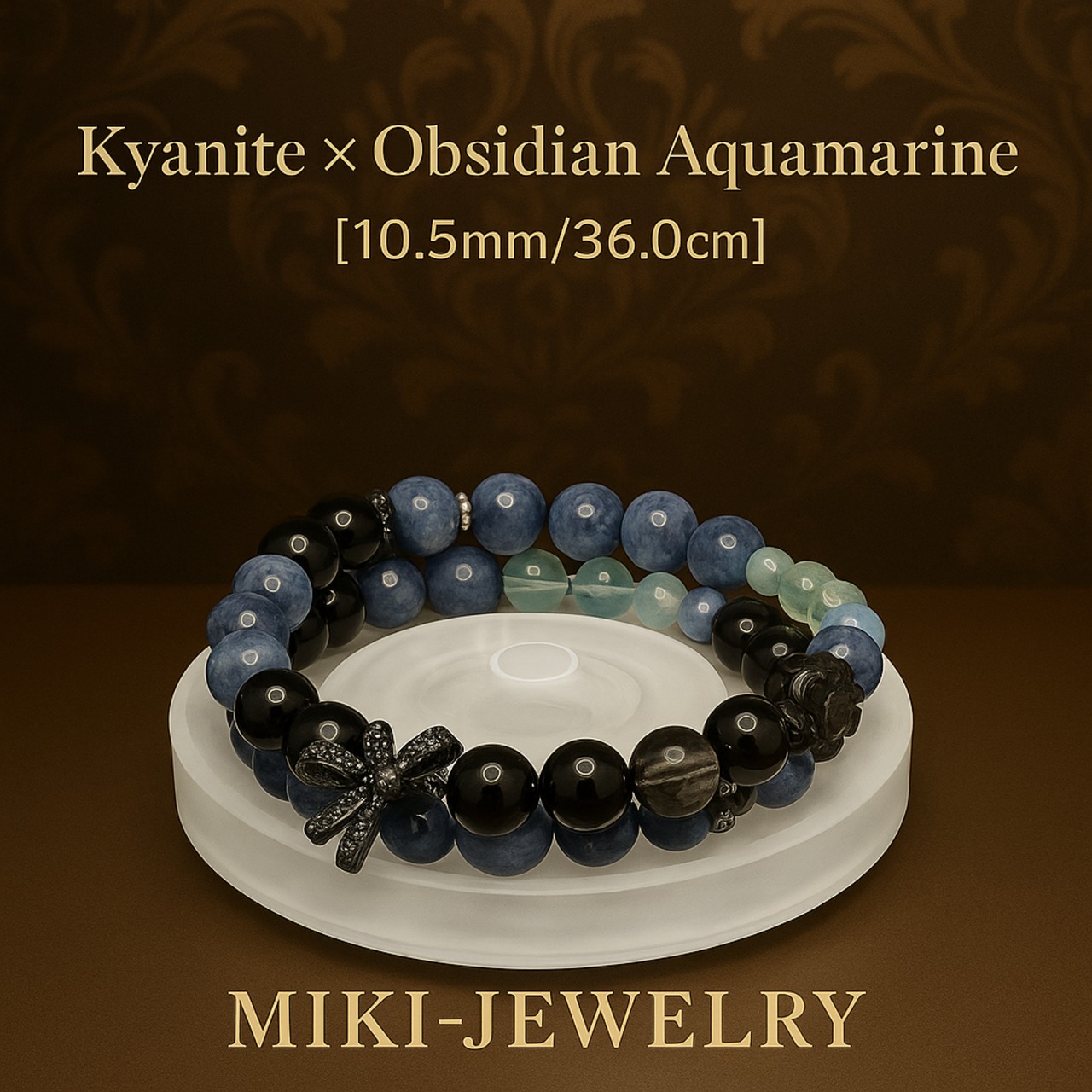 冷静さ・守護・癒しを兼ね備えた三位一体｜MIKI-JEWERLRY【カヤナイト＆オブシディアン・アクアマリン 10.5mm/36cm】 Kyanite, Obsidian & Aquamarine