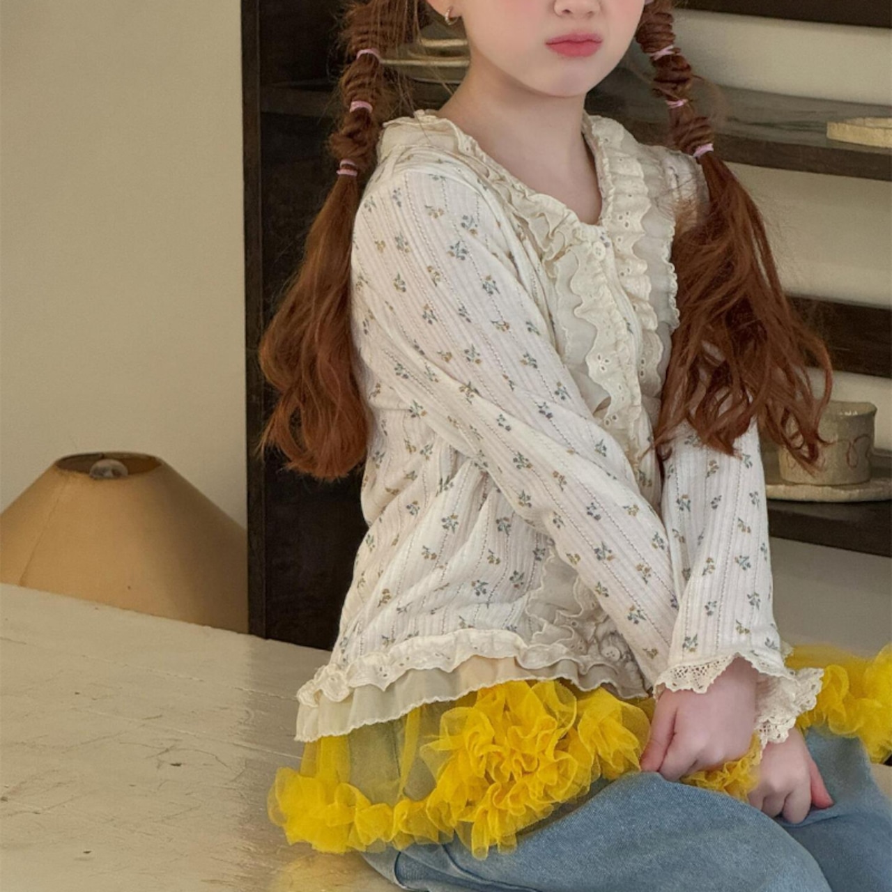 春花柄フリルデザインカーディガン