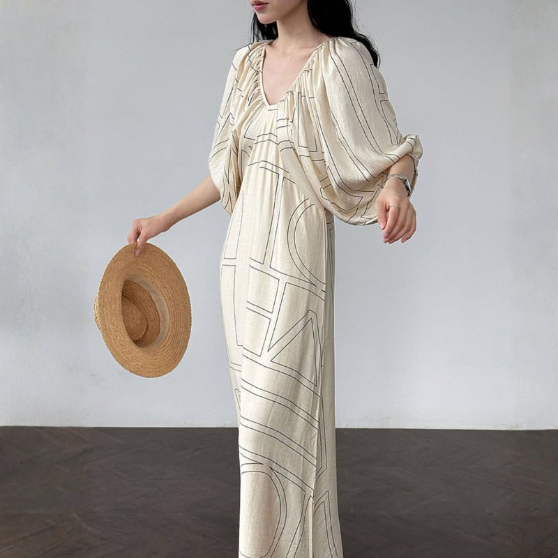 ギャザーネック バルーンスリーブワンピース N00357