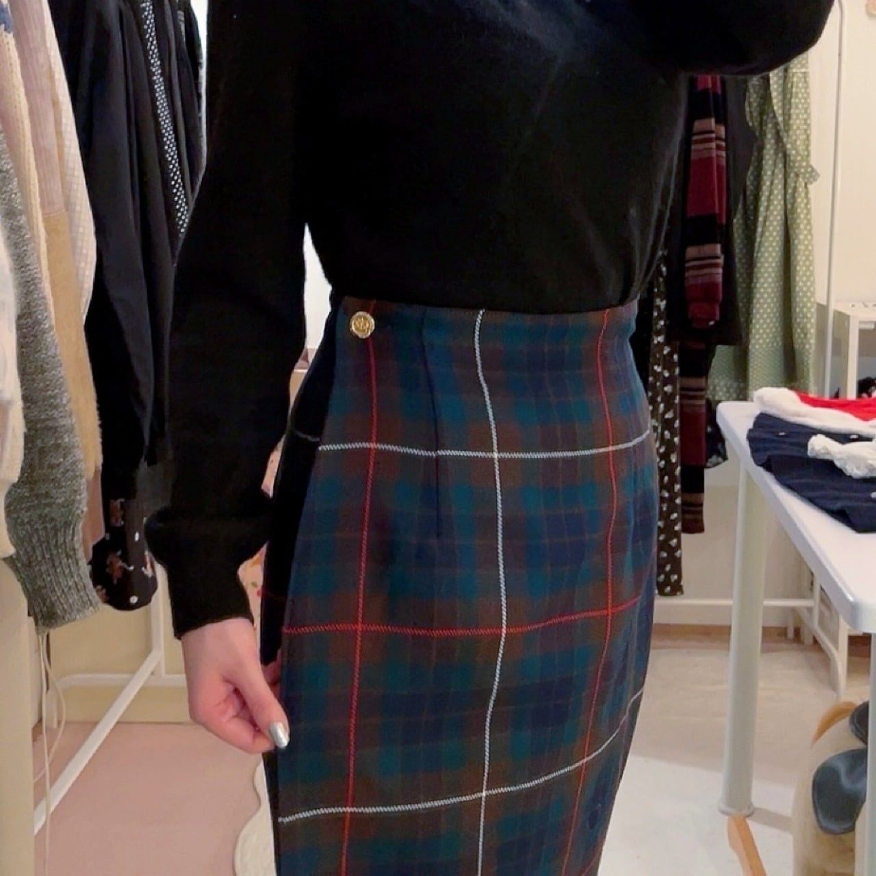 brown green check wrap skirt