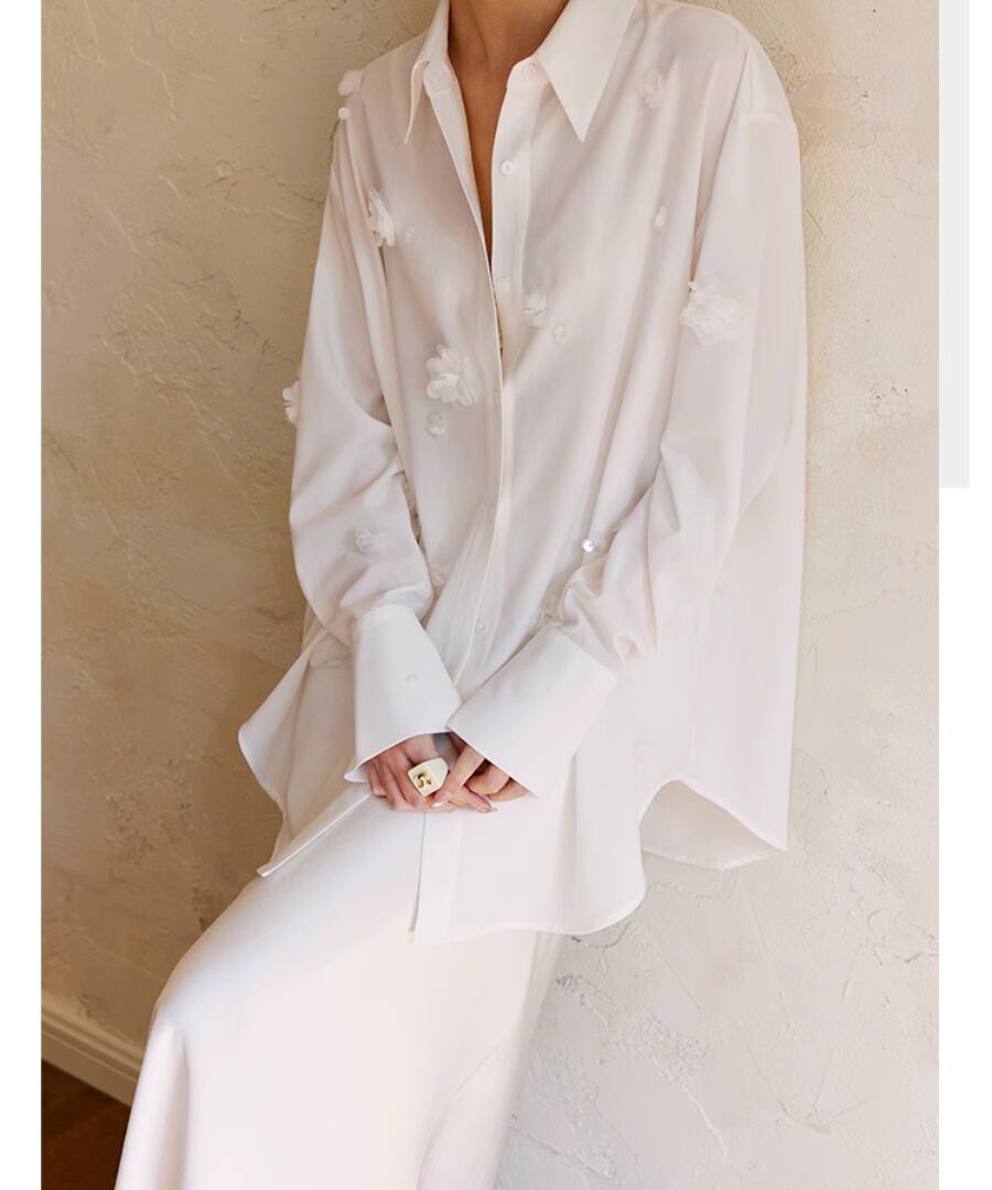 フラワーモチーフ&シェル◆ホワイトシャツ【t-10363】