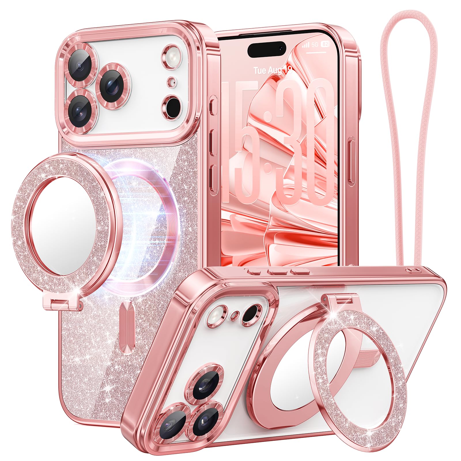 Meifigno マグネット式ケース 取り外し可能なスマホリングスタンド付き iPhone 18 Pro Max用 ローズゴールド
