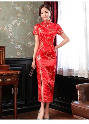 改良されたチャイナドレス夏ヤングスタイルスリム宴会ドレス中国風レトロ半袖梅の花ロングチャイナドレス