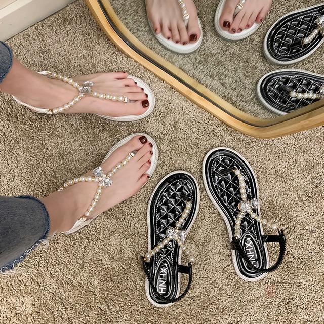 サンダルサマースタイルパールラインストーン 靴 シューズ 夏物 ビーチ 真珠 部族の婦人靴1662007808