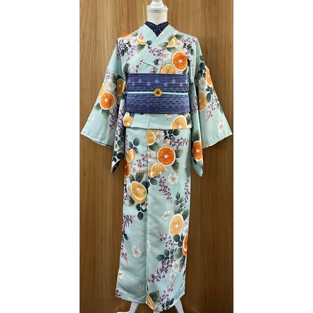 新品】オレンジ×花模様のポリエステル浴衣(ミントブルー) | 今昔きもの楸堂