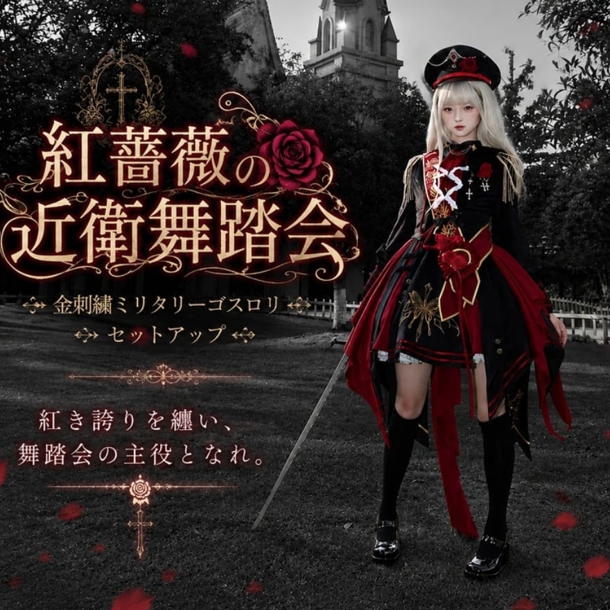 紅薔薇の近衛舞踏会 金刺繍ミリタリーゴスロリセットアップ