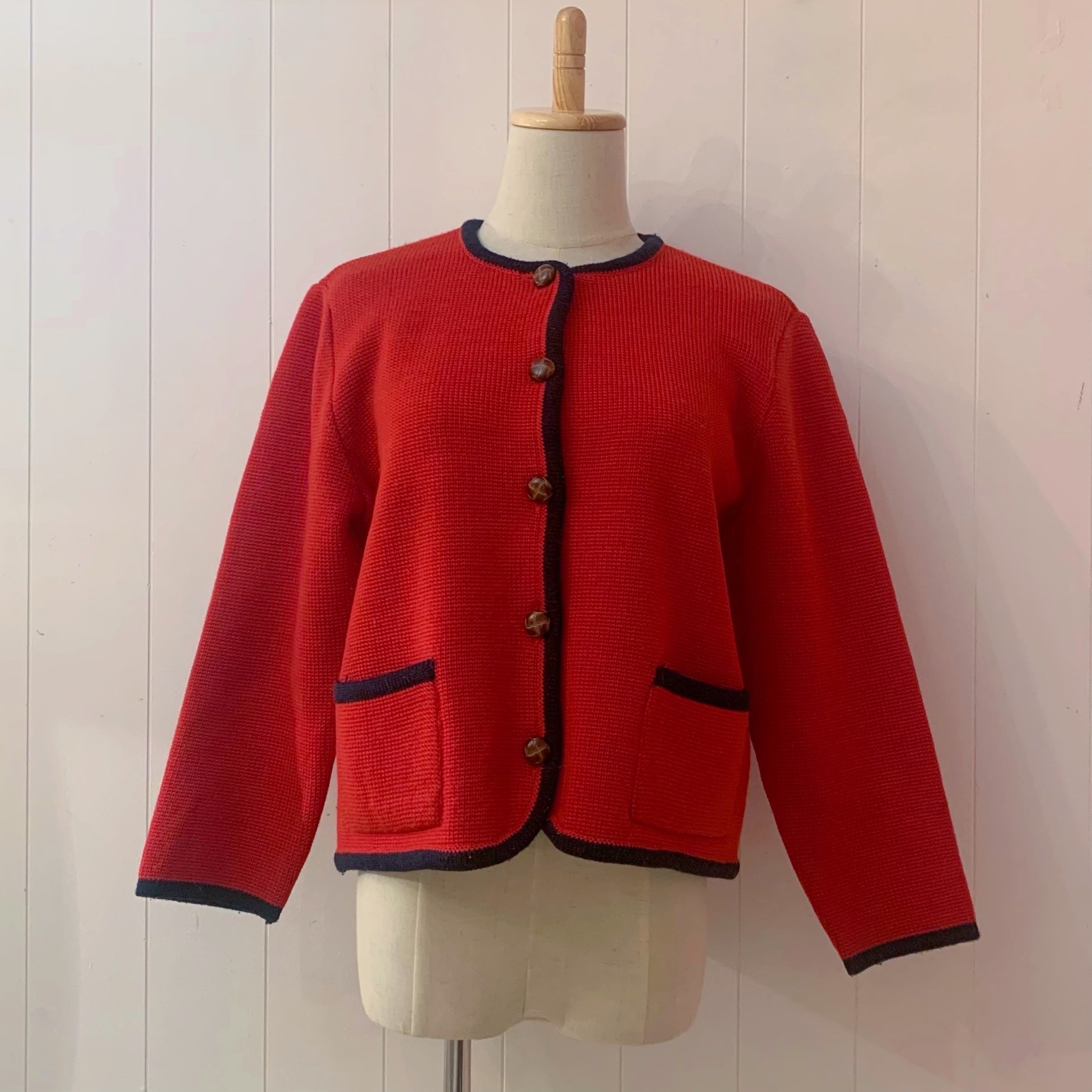 red × navy piping knit cardigan