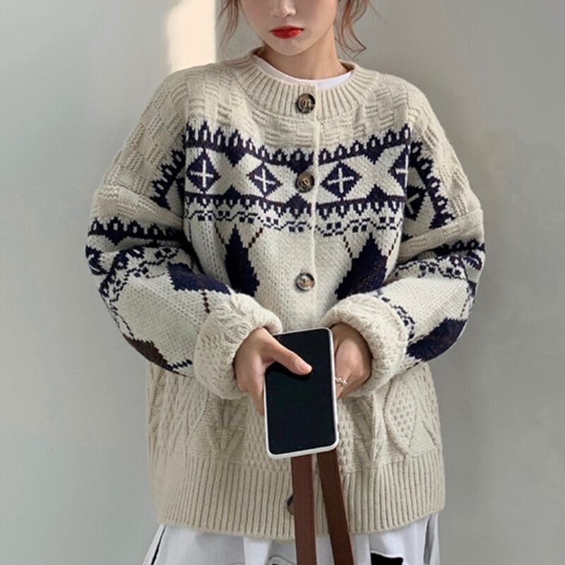 セーター オータムウィンタースタンダードシャツ ルーズカジュアルニットカーディガンジャケット ロング レトロ 秋物 冬物 萌量不足21383034400