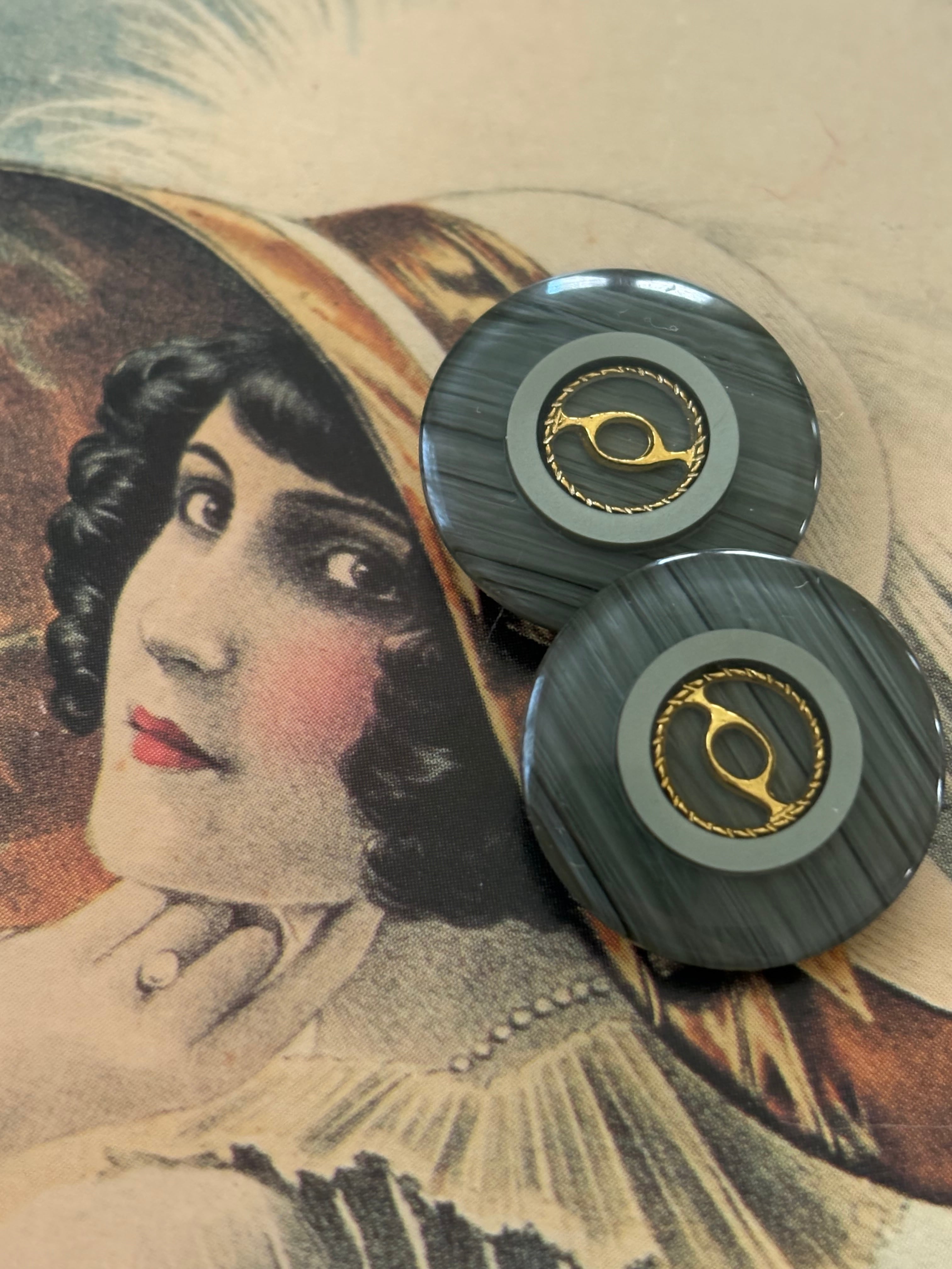 20mm Japanese ヴィンテージボタン グレー×ゴールド 大理石調 樹脂ボタン 昭和レトロ アクセサリーパーツ 装飾材 カルトナージュ