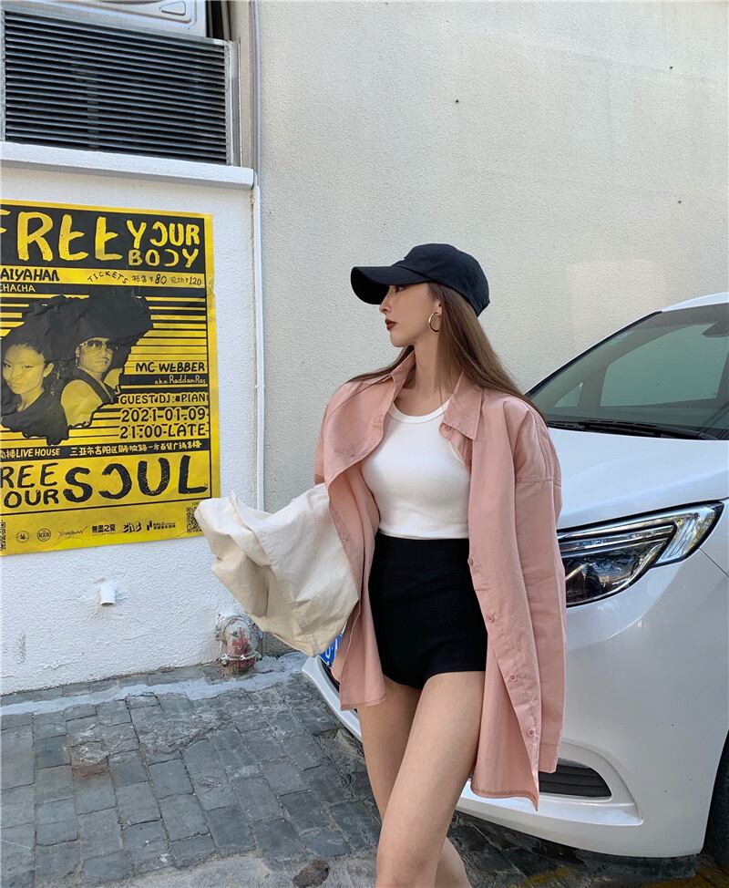 シャツ ルーズジャケット スプリングオータムスタンダードホワイトトップス ロング レトロ 春物 秋物 ブラックストロベリース52516050359