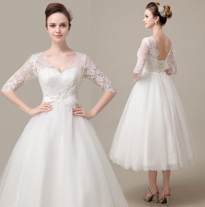 ★送料無料★M（9号）☆ミモレ丈刺繍レ－スウエディングドレス(OPN5940) 