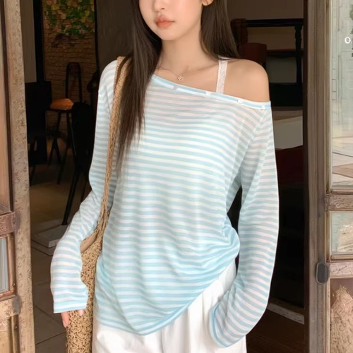 シアーボーダーワンショルルーズトップス ・76413