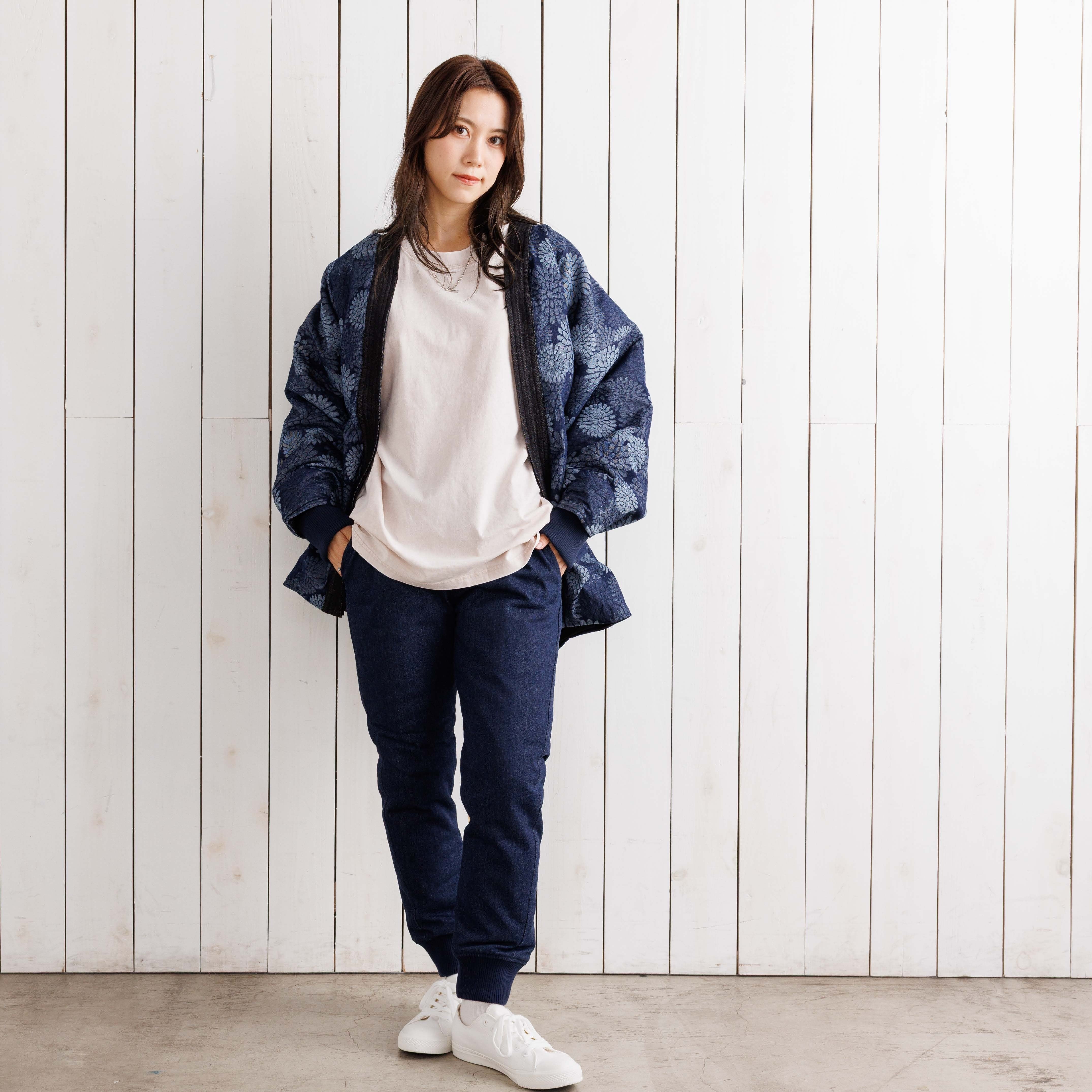 寒風寒波上等デニム半纏（ハンテン）菊柄NAVY ジャガード | Godisru