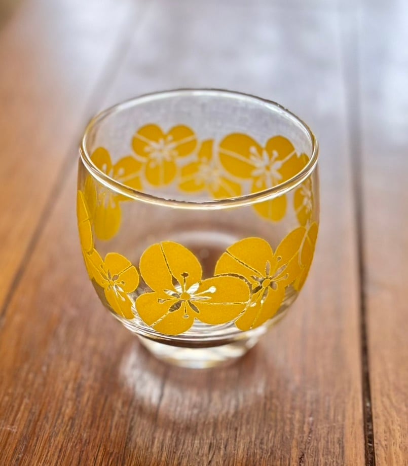昭和レトロ タンブラー ガラス コップ 黄色 花柄 佐々木硝子｜Showa