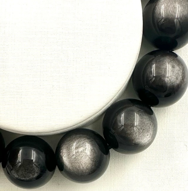 (01164)（選べる内径）高品質シルバーオブシディアン【14mm】　Silver Obsidian 　黒曜石　魔除け　厄除け　ラウンドカット　 ブレスレット 天然石　パワーストーン
