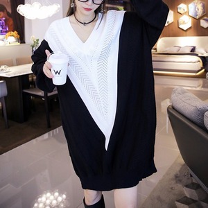 CONTRAST V-NECK PULLOVER KNIT MINI DRESS 1color M-6455